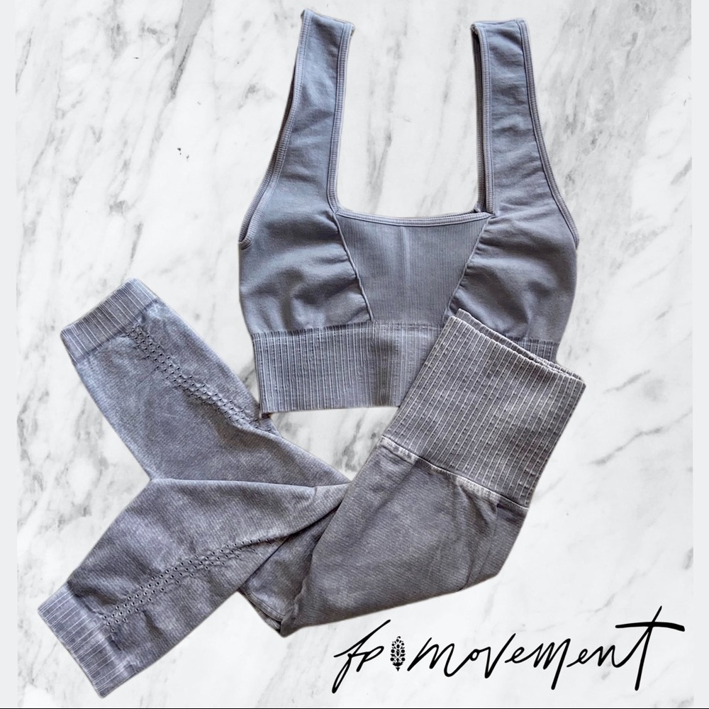 New! Set of Ice Grey Good Karma Crop Leggings + Grey Good Karma Square Neck Bra
